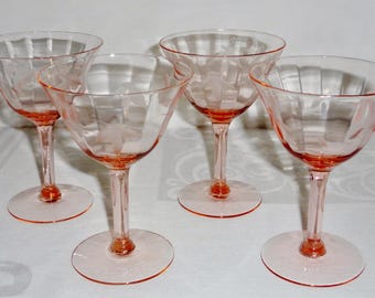 Vintage Pink Depression Glass Etched Leaves Champagne/wine Stemmed 