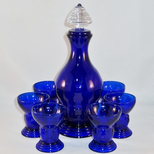 MCM New Martinsville Moondrops Cobalt Blue Glass Cocktail Set Decanter Cordials Shot Glasses Art Deco