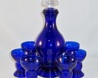 MCM New Martinsville Moondrops Cobalt Blue Glass Cocktail Set Decanter Cordials Shot Glasses Art Deco