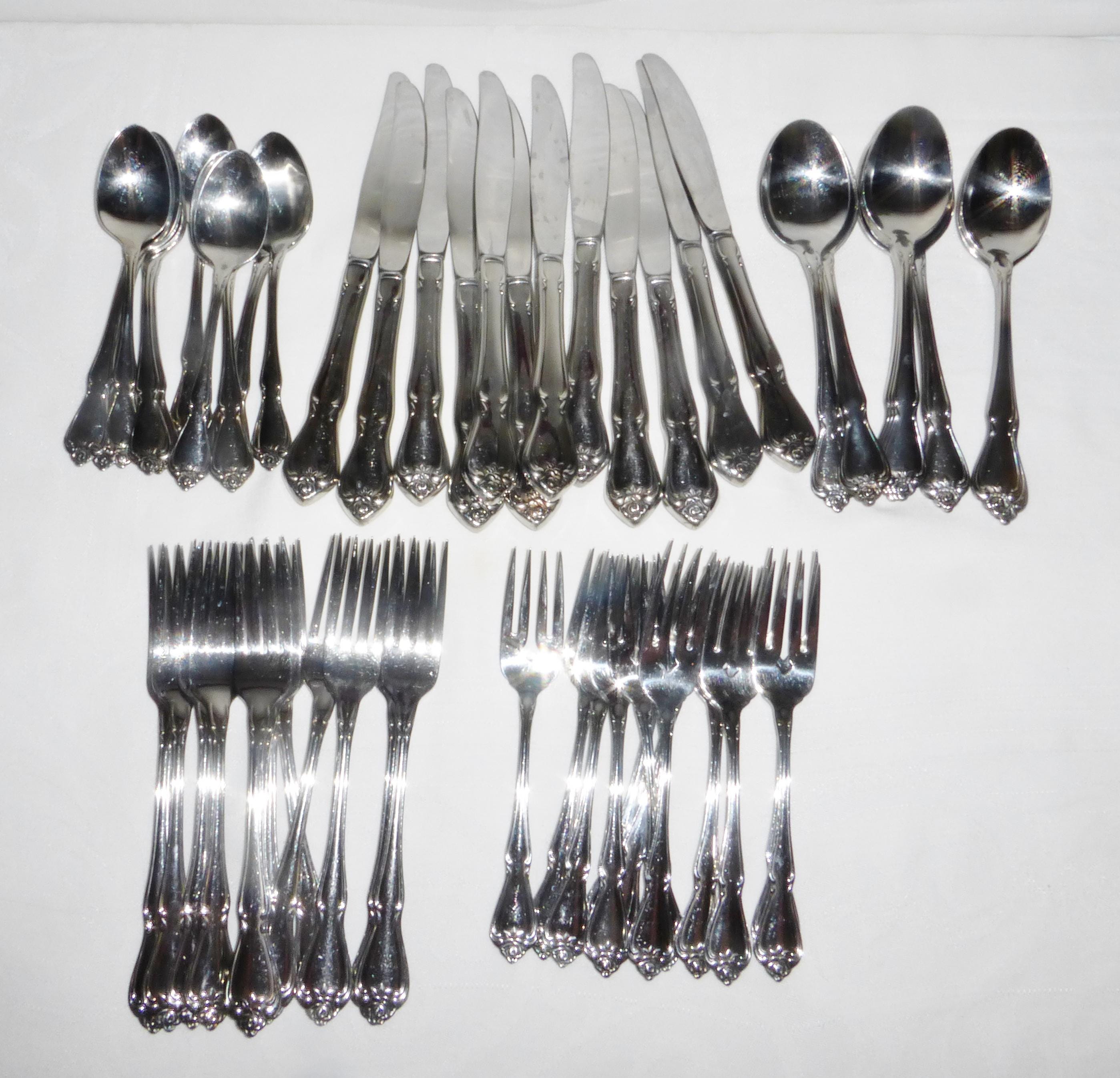 Vintage 1881 Rogers Oneida Stainless Flatware Set Arbor Rose True Rose 64 pcs w/Serving