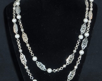 Brighton Geneva Faux Pearl Silver Plated 48" Long Retired Necklace Hang Charms