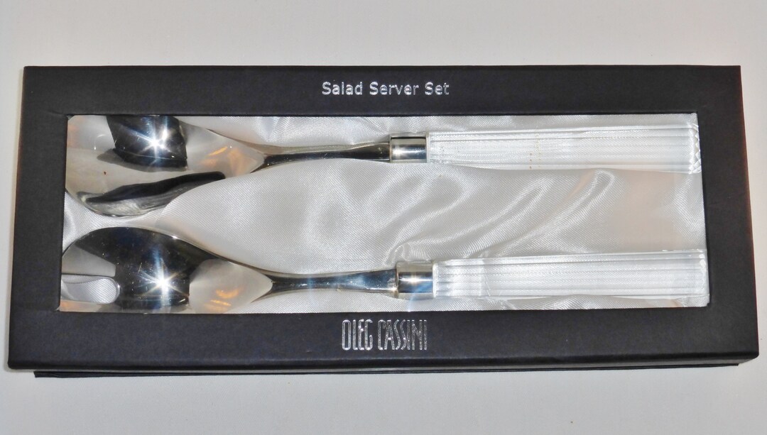 Oleg Cassini LUCY Cut Clear Crystal Glass Salad Server Spoon Fork Set