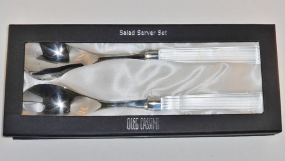 Oleg Cassini LUCY Cut Clear Crystal Glass Salad Server Spoon Fork