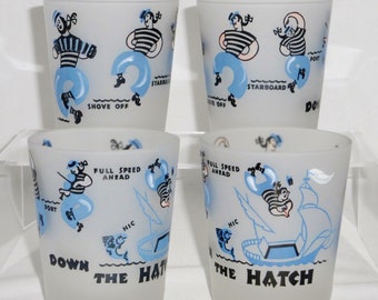 4 - MCM Hazel Atlas Frosted Sailor "Down the Hatch" Old Fashioned Tumblers Rocks Glasses Mid Century Modern Whiskey large shot glass