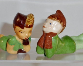 Pair MCM Ceramic Pixies Elves Reclining Boy & Girl with Military Cap Frances Langford from Yankee Doodle Dandy
