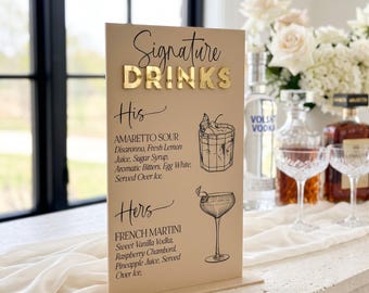 Signature Drinks Sign, His and Hers Cocktails, Acrylic Personalised Wedding Bar Menu Sign