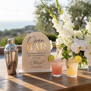 May include: An arched beige sign with black and gold text reading Open BAR, THE DRINKS ARE ON US, BUT THE HANGOVER IS ON YOU, Cheers!, THE NEWLYWEDS. Beside it are a silver cocktail shaker, two glasses with colourful drinks and lime slices, and flowers.