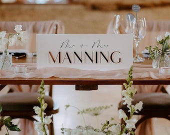 May include: A wedding reception table setting with a floral arrangement in the foreground. The table features a sign that reads "Mr. & Mrs. Manning". Wine glasses and small vases with flowers are also on the table.