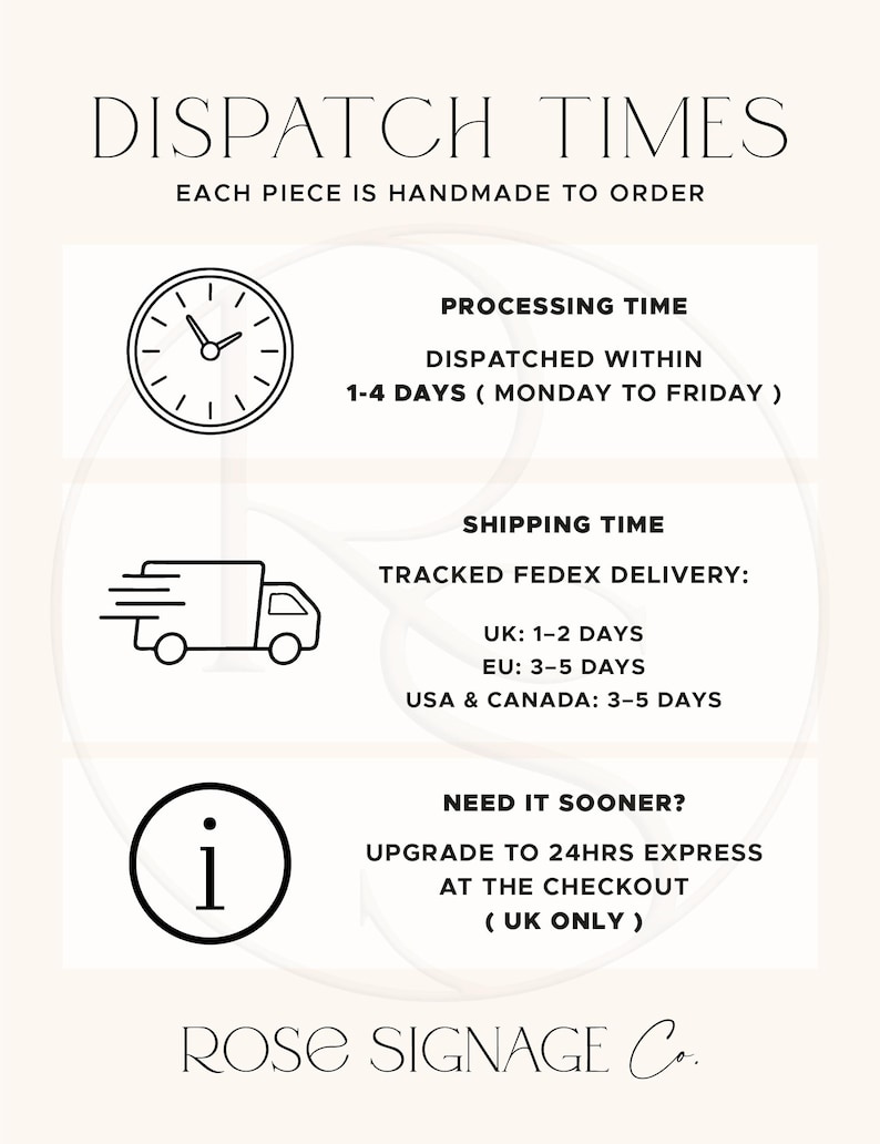 May include: A cream-colored sign with black text detailing dispatch times. The sign includes a clock icon, a delivery truck icon, and an information icon. Text includes "Dispatch Times", "Each piece is handmade to order", and "Rose Signage Co."