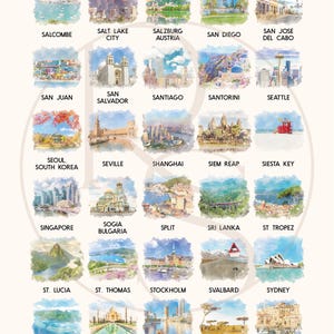 May include: A grid of thirty watercolor illustrations depicting global travel destinations, each labeled with its location name including Salcombe, Salt Lake City, Salzburg, San Diego, San Jose Del Cabo, San Juan, San Salvador, Santiago, Santorini, Seattle, Seoul, Seville, Shanghai, Siem Reap, Siesta Key, Singapore, Sofia, Split, Sri Lanka, St Tropez, St Lucia, St Thomas, Stockholm, Svalbard, Sydney, Tahiti, Taj Mahal, Tampa, Tanzania, and Tel Aviv.
