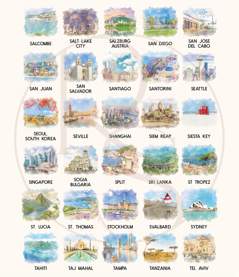 May include: A grid of thirty watercolor illustrations depicting global travel destinations, each labeled with its location name including Salcombe, Salt Lake City, Salzburg, San Diego, San Jose Del Cabo, San Juan, San Salvador, Santiago, Santorini, Seattle, Seoul, Seville, Shanghai, Siem Reap, Siesta Key, Singapore, Sofia, Split, Sri Lanka, St Tropez, St Lucia, St Thomas, Stockholm, Svalbard, Sydney, Tahiti, Taj Mahal, Tampa, Tanzania, and Tel Aviv.