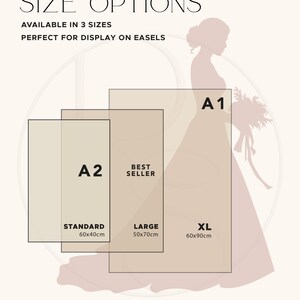 May include: A size guide graphic featuring three rectangular sign options labeled A2, Large, and A1. The text reads SIZE OPTIONS, AVAILABLE IN 3 SIZES, BEST SELLER, STANDARD 60x40cm, LARGE 50x70cm, XL 60x90cm, and ROSE SIGNAGE Co. with a silhouette of a bride.