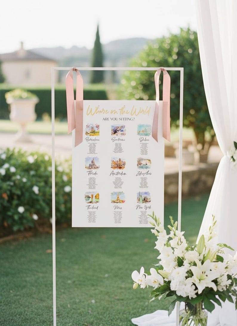 May include: A white rectangular wedding seating chart sign suspended from a thin white metal frame by two dusty pink ribbons. The sign features the gold text Where in the World ARE YOU SITTING? above nine watercolor illustrations of global cities.