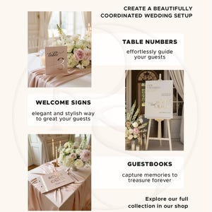 May include: Promotional image for wedding signage. Features table numbers, welcome signs, and guestbooks. The text reads "Match Your Signage" and "Create a Beautifully Coordinated Wedding Setup." The Rose Signage Co. logo is at the bottom.