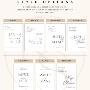 May include: A beige wedding sign with the text "Style Options" at the top. Below are examples of wedding sign designs, including names and dates. The designs include "Adore", "Amour", "Romantic", "Forever", "Soulmate", "Paris", and "Eternity".