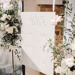 May include: A light-colored wedding seating chart with the words "SEATING FOR EATING" at the top. The chart lists table numbers and names, and is decorated with white and cream-colored flowers.