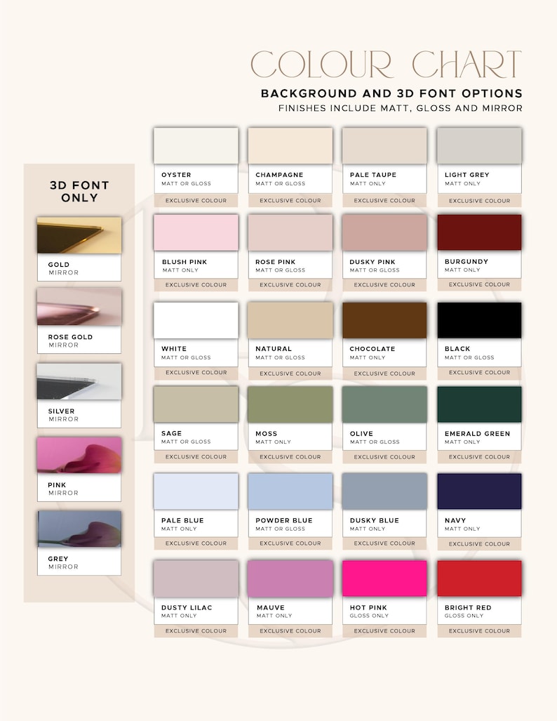 Puede incluir: Una carta de colores con una variedad de opciones de fondo y fuente 3D. La carta muestra muestras de color en tonos como Oyster, Champagne y Pale Taupe, con acabados mate, brillo y espejo. El texto "COLOUR CHART" est&aacute; en la parte superior.