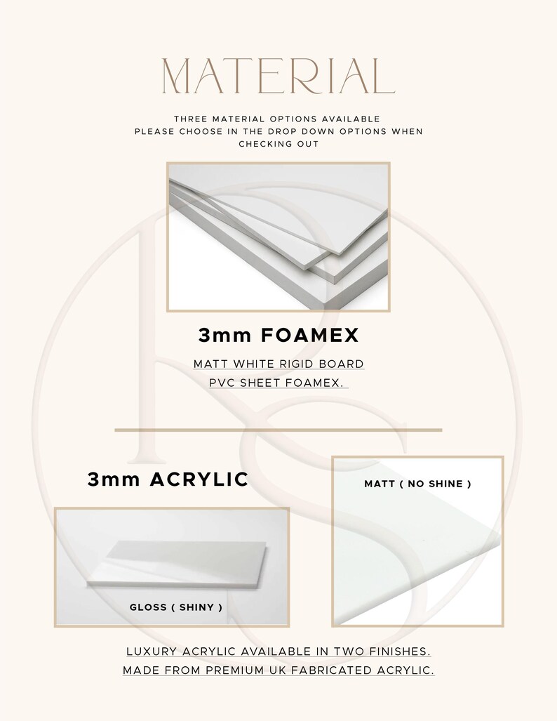 May include: An informational graphic displaying three material options: 3mm Foamex, a matt white rigid PVC board, and 3mm acrylic available in two finishes, gloss and matt. The text includes material descriptions and checkout instructions.
