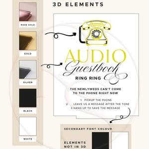 Puede incluir: Gr&aacute;fico para un libro de visitas de audio, con una ilustraci&oacute;n de tel&eacute;fono rotatorio amarillo y las palabras "Audio Guestbook" en una fuente decorativa. El texto incluye instrucciones y muestras de color para oro rosa, oro, plata, negro y blanco.