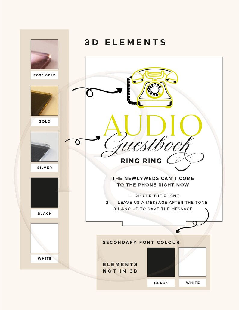 Puede incluir: Gr&aacute;fico para un libro de visitas de audio, con una ilustraci&oacute;n de tel&eacute;fono rotatorio amarillo y las palabras "Audio Guestbook" en una fuente decorativa. El texto incluye instrucciones y muestras de color para oro rosa, oro, plata, negro y blanco.