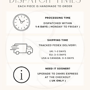 May include: A cream-colored sign with black text and graphics. The text reads "DISPATCH TIMES" and "EACH PIECE IS HANDMADE TO ORDER." Additional text details processing and shipping times. The sign includes a clock, a delivery truck, and an information icon.