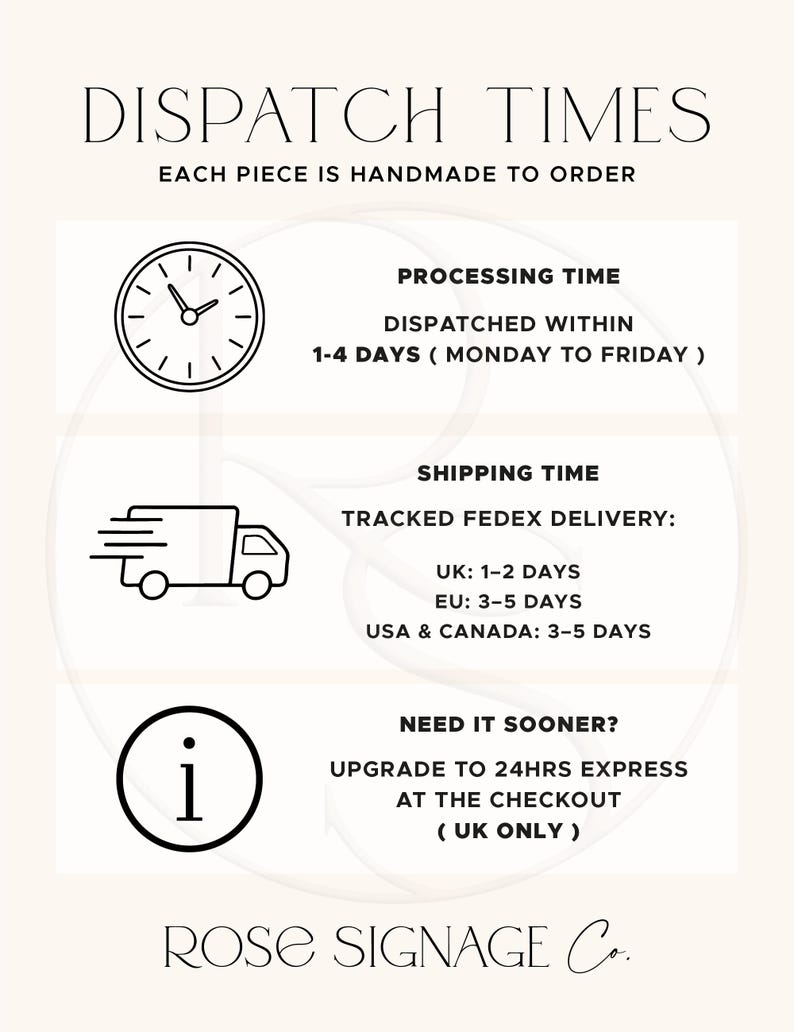 May include: A cream-colored sign with black text and graphics. The text reads "DISPATCH TIMES" and "EACH PIECE IS HANDMADE TO ORDER." Additional text details processing and shipping times. The sign includes a clock, a delivery truck, and an information icon.