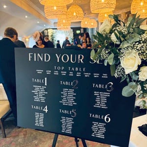 May include: A black wedding seating chart with white lettering, reading "Find Your Seat." The chart lists names under table numbers 1-6. The sign is on a black easel, with floral arrangements and hanging lights in the background.