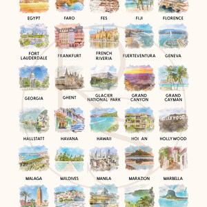 May include: A grid of thirty watercolor illustrations depicting global travel destinations, each labeled with its name in black text. Locations include Egypt, Faro, Fes, Fiji, Florence, Fort Lauderdale, Frankfurt, French Riviera, Fuerteventura, Geneva, Georgia, Ghent, Glacier National Park, Grand Canyon, Grand Cayman, Hallstatt, Havana, Hawaii, Hoi An, Hollywood, Malaga, Maldives, Manila, Marazion, Marbella, Marrakesh, Marseille, Matterhorn, Maui, and Mauritius.