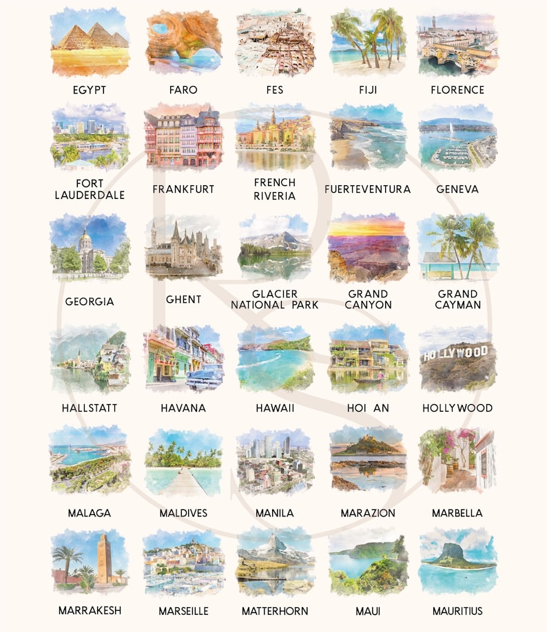 May include: A grid of thirty watercolor illustrations depicting global travel destinations, each labeled with its name in black text. Locations include Egypt, Faro, Fes, Fiji, Florence, Fort Lauderdale, Frankfurt, French Riviera, Fuerteventura, Geneva, Georgia, Ghent, Glacier National Park, Grand Canyon, Grand Cayman, Hallstatt, Havana, Hawaii, Hoi An, Hollywood, Malaga, Maldives, Manila, Marazion, Marbella, Marrakesh, Marseille, Matterhorn, Maui, and Mauritius.