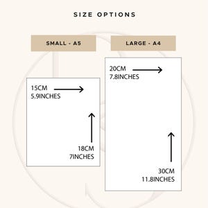Puede incluir: Imagen que muestra las opciones de tama&ntilde;o para impresiones. El texto dice "SIZE OPTIONS". Dos cajas rectangulares est&aacute;n etiquetadas como "SMALL - A5" y "LARGE - A4". La impresi&oacute;n peque&ntilde;a mide 15 cm por 18 cm. La impresi&oacute;n grande mide 20 cm por 30 cm.