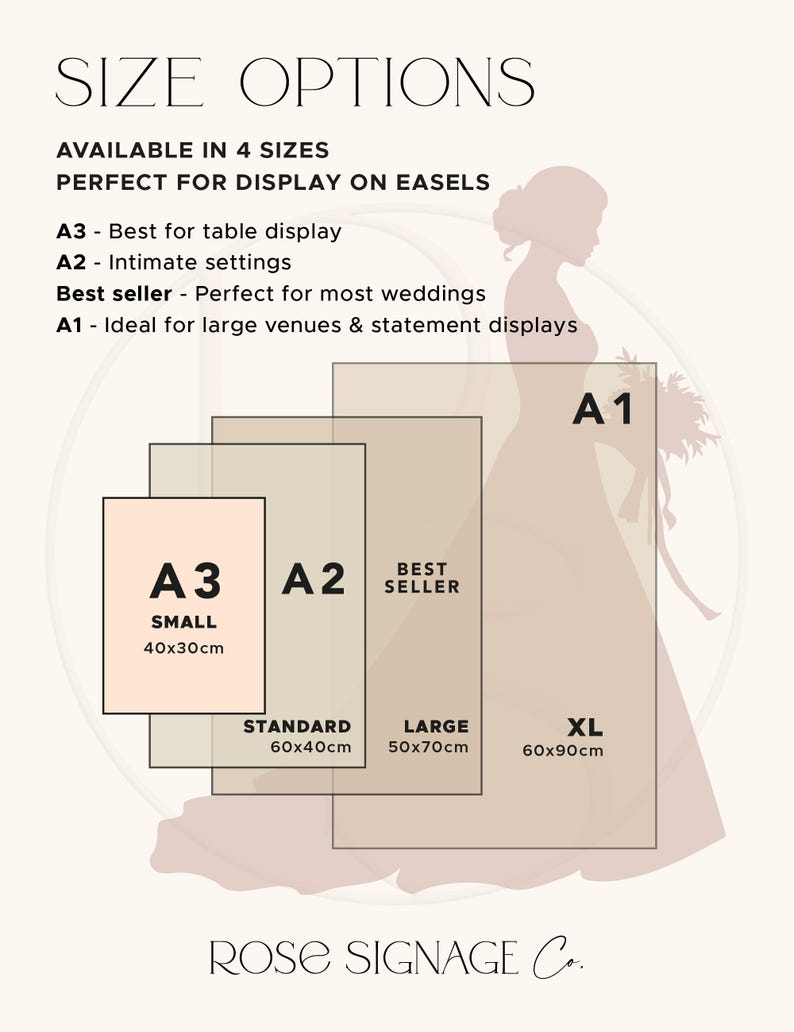 May include: A graphic showing size options for display signs, with text including "SIZE OPTIONS" and "AVAILABLE IN 4 SIZES." Sizes are labeled A3 (15.7x11.8 inches), A2 (23.6x15.7 inches), Large (19.7x27.6 inches), and XL (23.6x35.4 inches). The Rose Signage Co. logo is at the bottom.