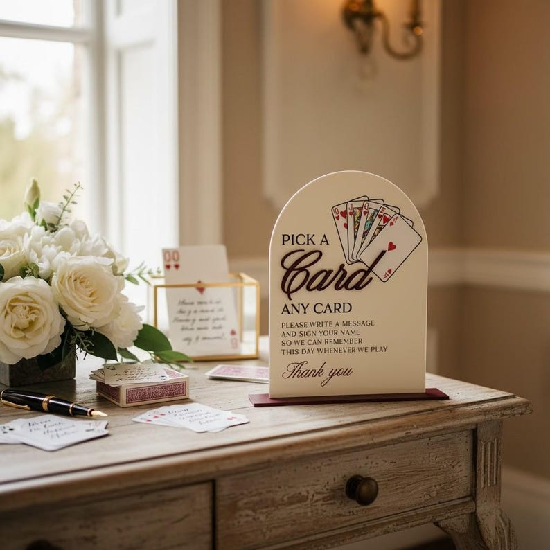 May include: An arched cream-colored sign with a dark base featuring a graphic of playing cards and the text: PICK A Card ANY CARD PLEASE WRITE A MESSAGE AND SIGN YOUR NAME SO WE CAN REMEMBER THIS DAY WHENEVER WE PLAY Thank you.