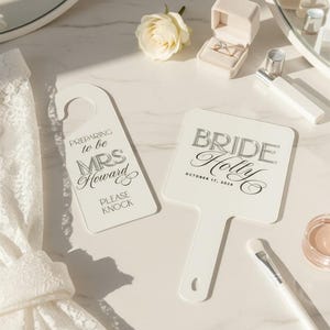 Bundle 'Duo' Personalised Acrylic Bridal Handheld Mirror + Bride Door Hanger, Wedding Morning Prep, Bride Gift, Bridal Present