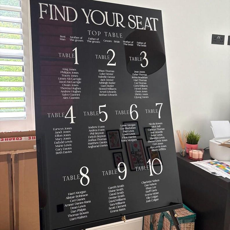 May include: A black wedding seating chart with white text. The sign reads "FIND YOUR SEAT" at the top, followed by table numbers and guest names. The chart is displayed on a black easel.