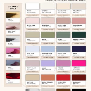 May include: A color chart with various background and 3D font options, including matt, gloss, and mirror finishes. The chart displays a range of colors, such as white, pink, blue, green, and red, with text labels indicating the color name and finish type.