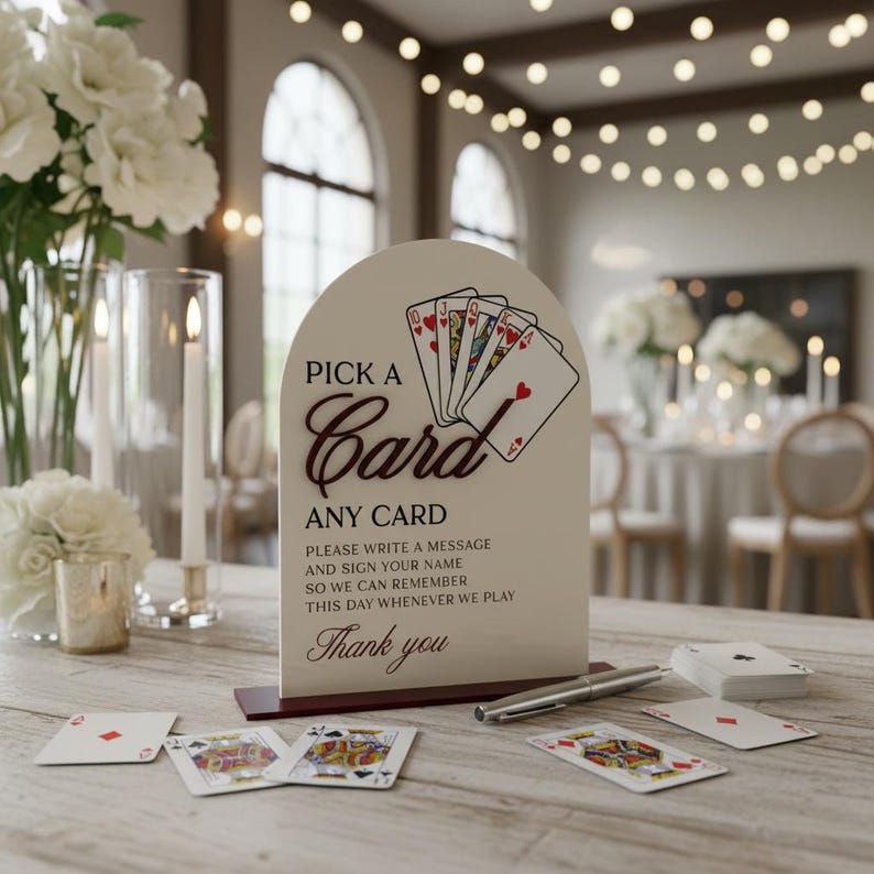 May include: An arched off-white sign with a dark brown base featuring a graphic of playing cards and the text: PICK A Card ANY CARD, PLEASE WRITE A MESSAGE AND SIGN YOUR NAME SO WE CAN REMEMBER THIS DAY WHENEVER WE PLAY, Thank you.