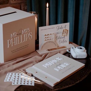 Ensemble trio de mariage en acrylique Polaroid - livre d'or, boîte pour cartes, plaque Polaroid - coins photo + stylos