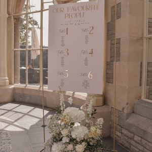 May include: A gold metal frame holds a sign with the text "OUR FAVOURITE PEOPLE" and table assignments. The sign is decorated with gold lettering. A floral arrangement of white and cream flowers sits at the base of the frame. The setting is a light-filled room.