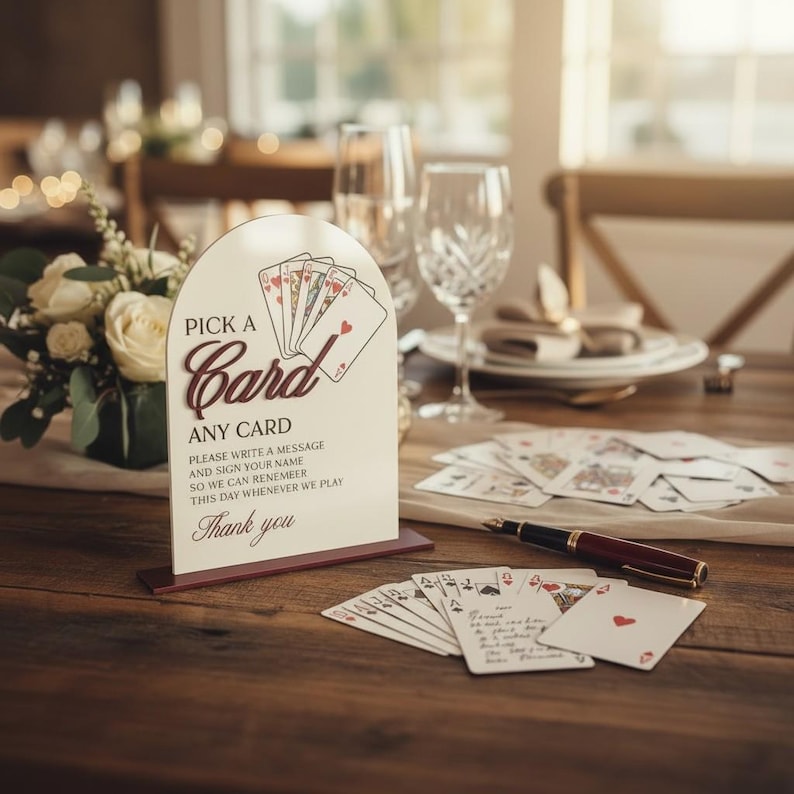 May include: An arched white sign with a dark red base featuring a graphic of playing cards and the text PICK A CARD ANY CARD PLEASE WRITE A MESSAGE AND SIGN YOUR NAME SO WE CAN REMEMEER THIS DAY WHENEVER WE PLAY Thank you, with scattered cards.