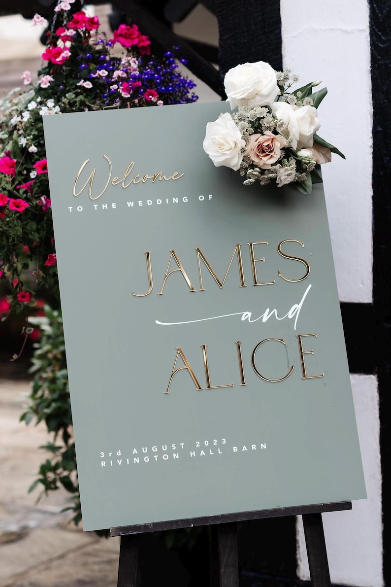 Luxury Acrylic Wedding Welcome Sign. Mix of 3D Mirror detailing and UV print. Made from premium UK fabricated acrylic. 12 bespoke colours to rose signage co. Comes in 3 size options. Customised to your style and wording.