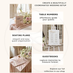 May include: A promotional image for wedding signage. The image features table numbers, seating plans, and guestbooks. The text reads "Match Your Signage" and "Create a beautifully coordinated wedding setup."