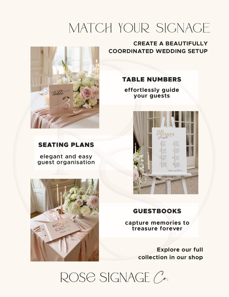 May include: A promotional image for wedding signage. The image features table numbers, seating plans, and guestbooks. The text reads "Match Your Signage" and "Create a beautifully coordinated wedding setup."