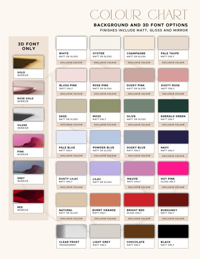 May include: A color chart displaying background and 3D font options with various finishes including matt, gloss, and mirror. The grid features color swatches labeled with names like white, champagne, sage, navy, and black, indicating available finish types.