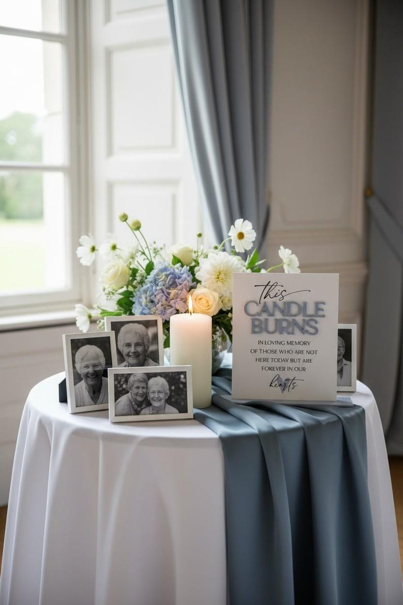 K&ouml;nnte beinhalten: Ein Gedenkdisplay mit einem wei&szlig;en Schild mit dem Text This CANDLE BURNS IN LOVING MEMORY OF THOSE WHO ARE NOT HERE TODAY BUT ARE FOREVER IN OUR hearts, einer brennenden Stumpenkerze, drei wei&szlig;en Bilderrahmen und einem Blumenarrangement.