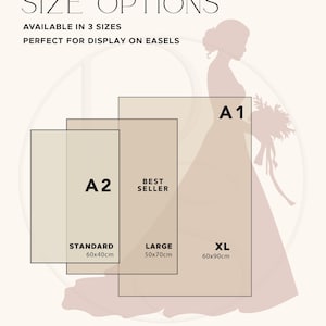 May include: A beige poster with the text "SIZE OPTIONS" and "AVAILABLE IN 3 SIZES". It shows three rectangular sizes: A2 (60x40cm), Large (50x70cm), and XL (60x90cm). A silhouette of a bride is in the background.