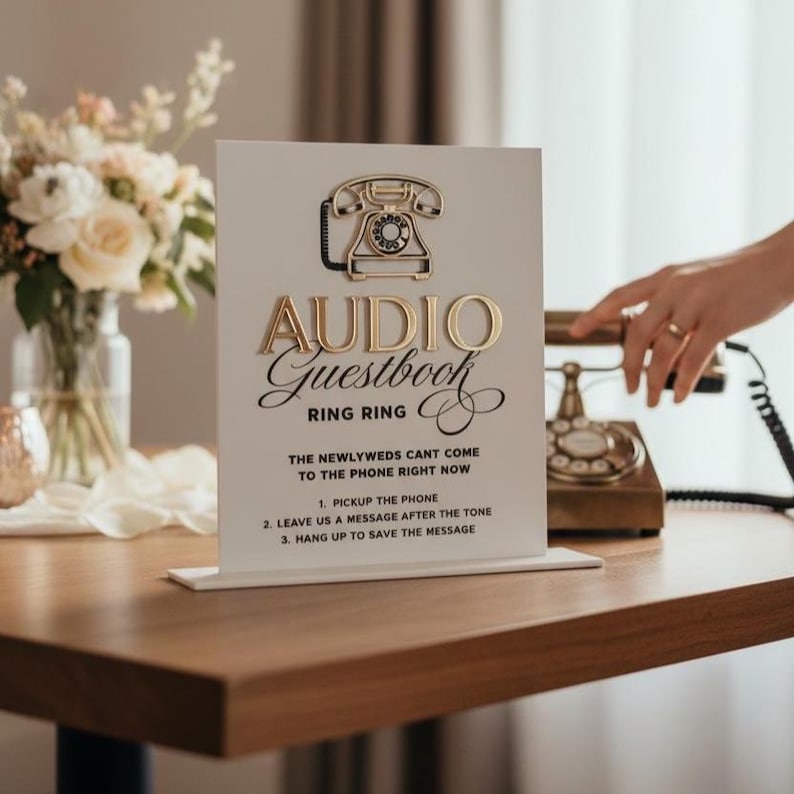 Puede incluir: Un letrero color crema con letras doradas y una ilustraci&oacute;n de tel&eacute;fono rotatorio dorado. El letrero dice "AUDIO Guestbook RING RING" y proporciona instrucciones para dejar un mensaje. Un tel&eacute;fono antiguo est&aacute; sobre una mesa de madera.