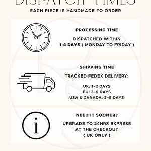 May include: A cream-colored sign with black text and graphics. The text reads "DISPATCH TIMES" and "EACH PIECE IS HANDMADE TO ORDER." Additional text details processing and shipping times. The sign includes a clock, a delivery truck, and an information icon.