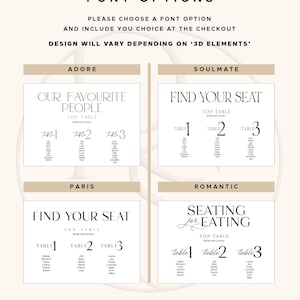 May include: A wedding seating chart with four font options: Adore, Soulmate, Paris, and Romantic. Each option displays table settings with names. The text includes "Font Options," "Please choose a font option," and "Rose Signage Co."