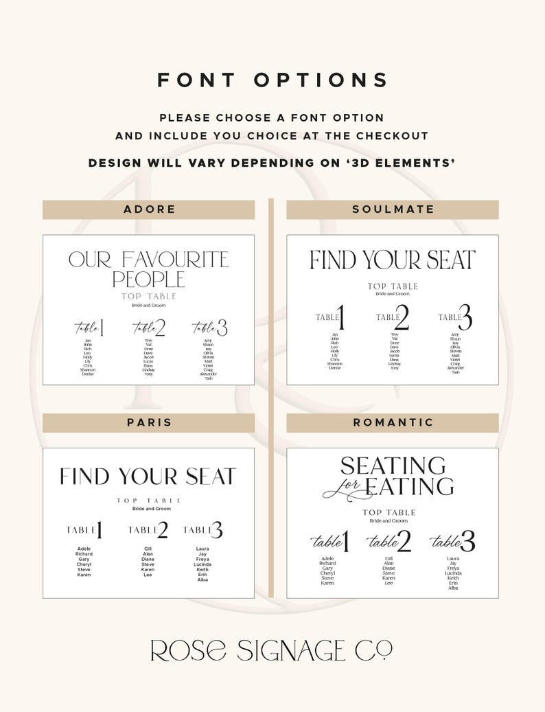 May include: A wedding seating chart with four font options: Adore, Soulmate, Paris, and Romantic. Each option displays table settings with names. The text includes "Font Options," "Please choose a font option," and "Rose Signage Co."