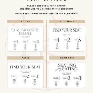 May include: A wedding seating chart with four font options: Adore, Soulmate, Paris, and Romantic. Each option displays table settings with names. The text includes "Font Options," "Please choose a font option," and "Rose Signage Co."